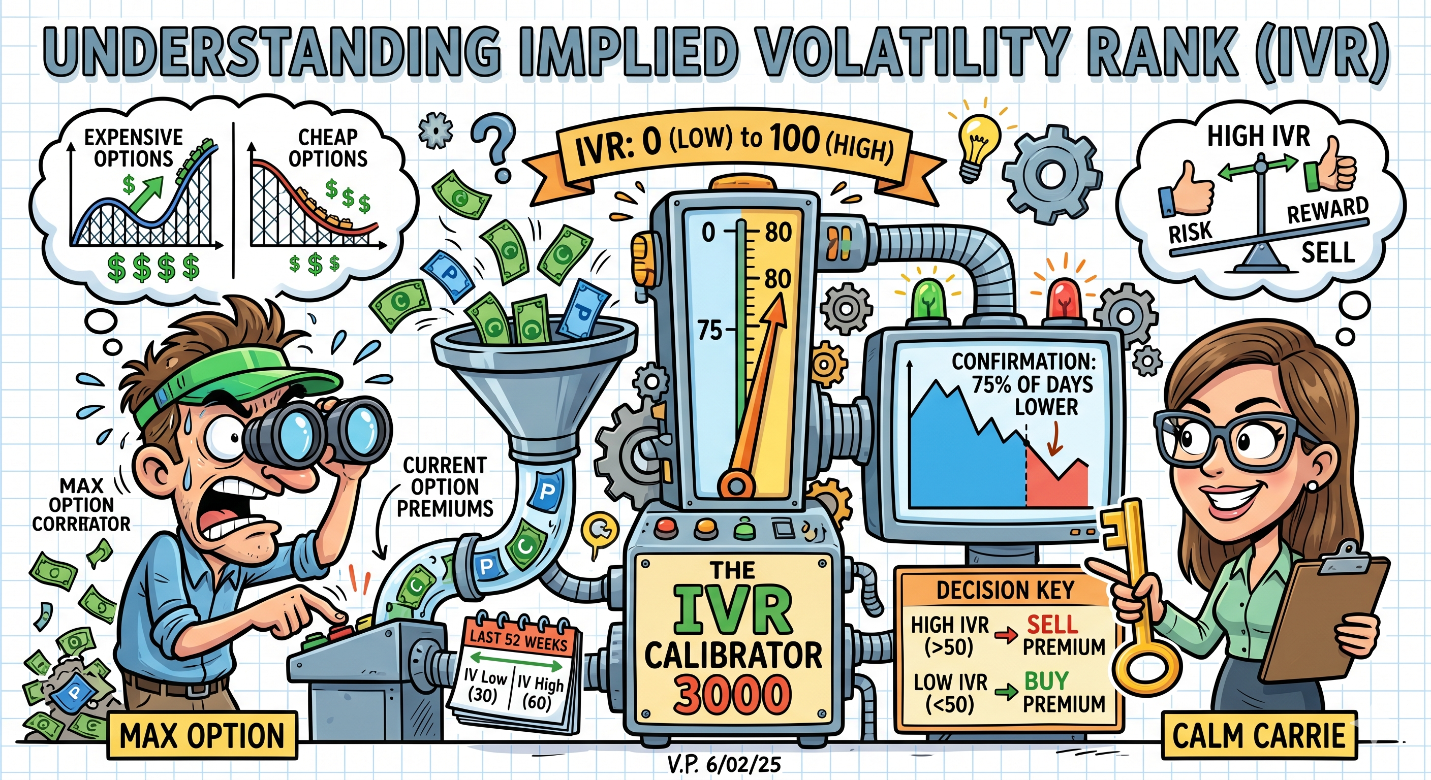 Cartoon illustration of an IVR Calibrator machine measuring implied volatility from 0 to 100