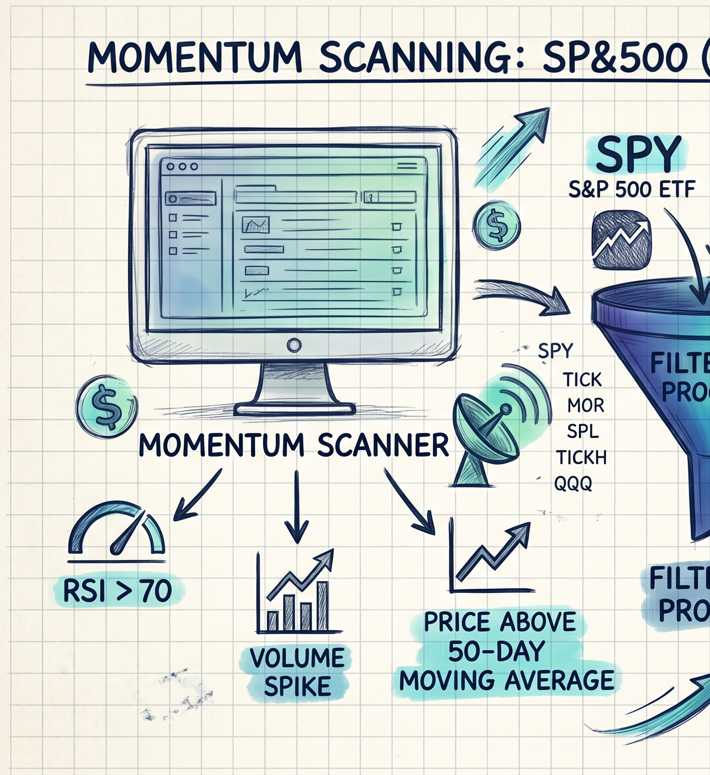 Momentum scanner inputs Left half of the momentum scanning diagram — monitor displaying the scanner with RSI, volume spike, and price-above-50-day-MA filters feeding the SPY/QQQ funnel
